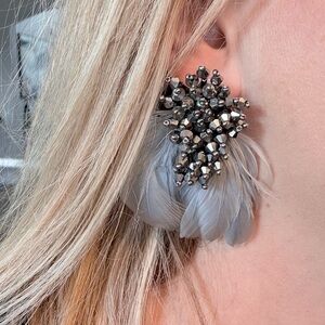 Mignonne Gavigan Silver Gray Feather Earrings with Crystals - like new!